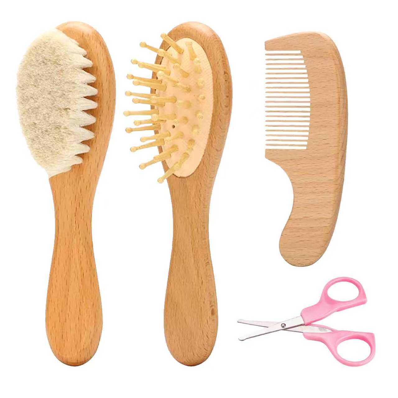 Goat Baby Hair Brush Set, Wooden Comb Massage Scalp Comb, Safe Natural Hair Care Kit, Soft Silicone Bath Brush for Newborns Toddlers (Brush Set+