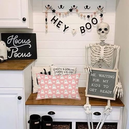 Miniatura 3 de Fukeen Funda de almohada de Halloween de 12 x 20 pulgadas, fantasma rosa, decoración de Halloween, decoración de Halloween, casa de campo,