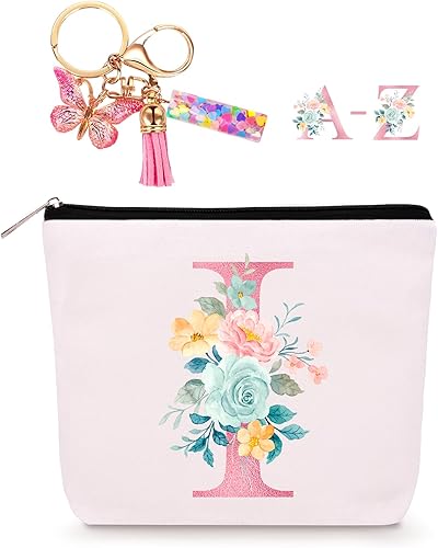 Bolsa de maquillaje personalizada con llavero inicial, bolsa de maquillaje inicial de viaje personalizada, regalos de cumpleaños para mujeres,