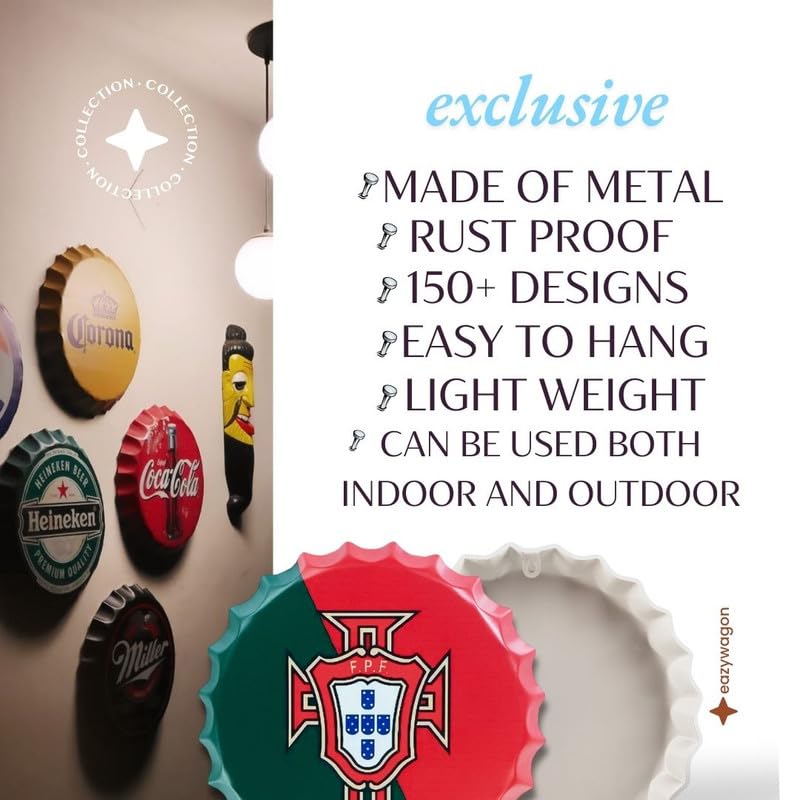 Image of EAZYWAGON Decorative Metal Bottle Caps Wall Sign Plates - 14X14 Inches - Portugal FPF | Metal Wall Hanging Bottle Cap for Home, Farmhouse, Bar & Cafe Decoration | Vintage & Retro Look Plaques