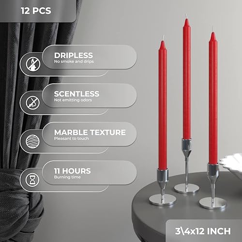 Miniatura 2 de CANDWAX Paquete de 12 velas cónicas rojas de 12 pulgadas, ideales como velas sin perfume, velas de cena y velas de mesa, velas de combustión lenta