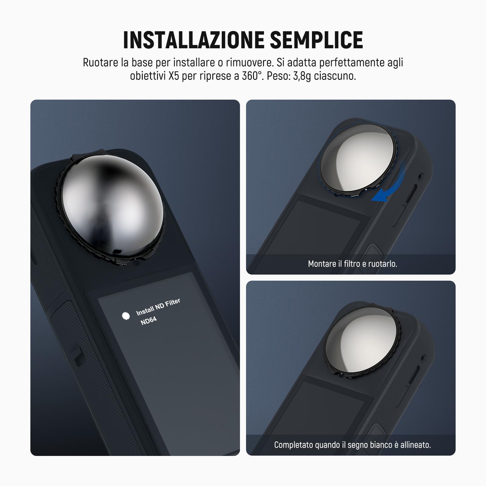 NEEWER Filtro ND Compatibile con Insta360 X5, Set Filtri ND64 per Lenti, Riduzione Luce di 6 Stop, Densità Neutra in Vetro Ottico Multistrato a Vite Rilevamento Automatico, Accessori Action Cam, 2pz