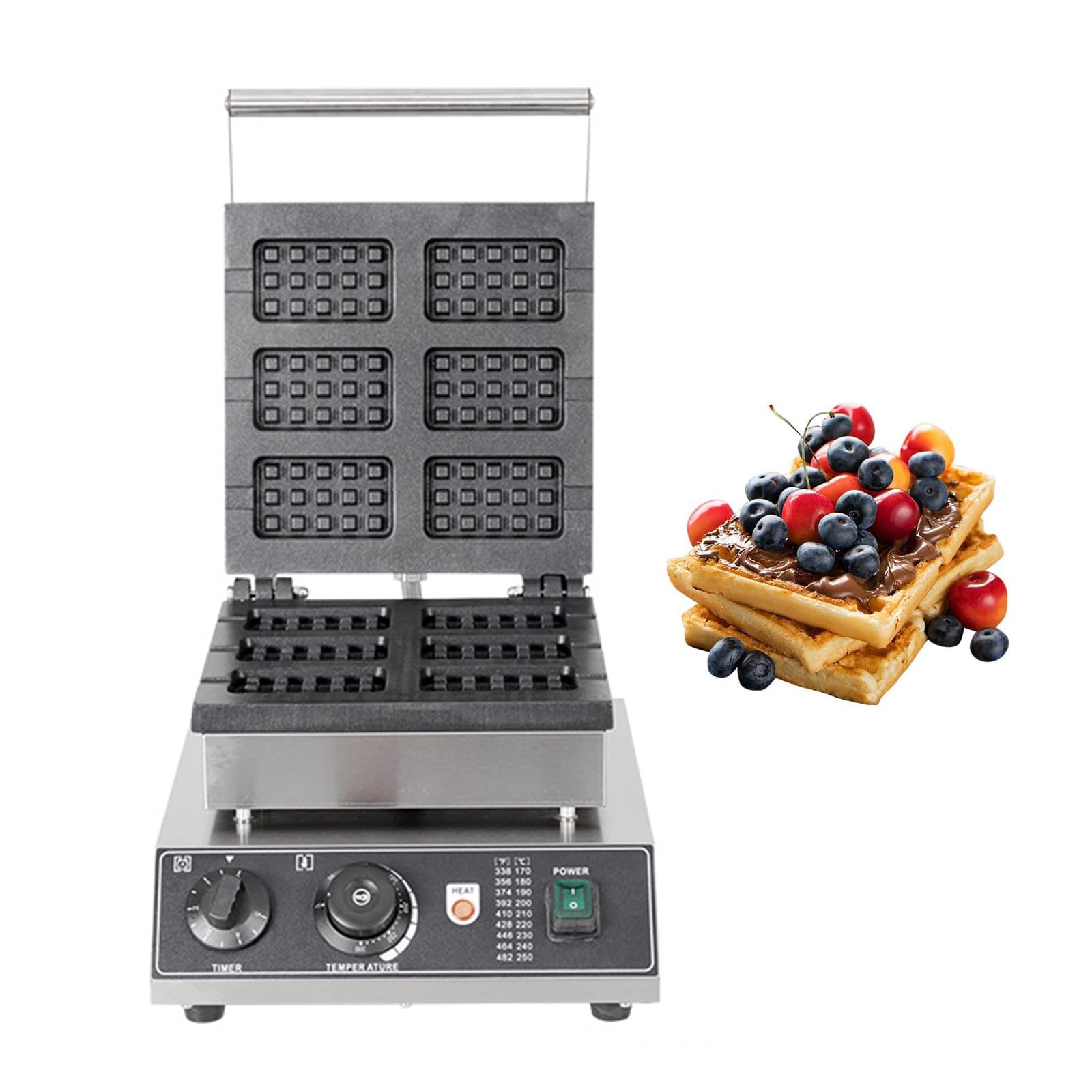 Máquina para Hacer Gofres Comercial, 1750 W 6 Piezas Gofres Belgas Antiadherente con Control De Temperatura y Tiempo, Eléctrica Waffle Maker para Restaurante,Hotel,Fiesta,Cafeterías