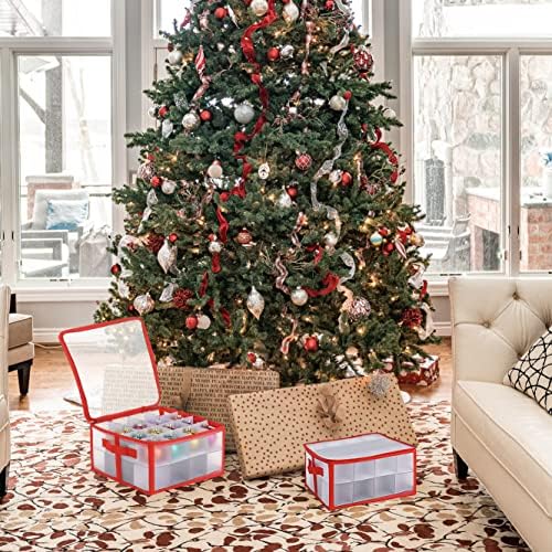 Christmas Bauble Storage Box  Holds up to 32 Individual Pieces, Cardboard Dividers Included, Festive Ornament Storage Box with Zip Closure and 2 Carry Handles, Sturdy Bauble Organiser