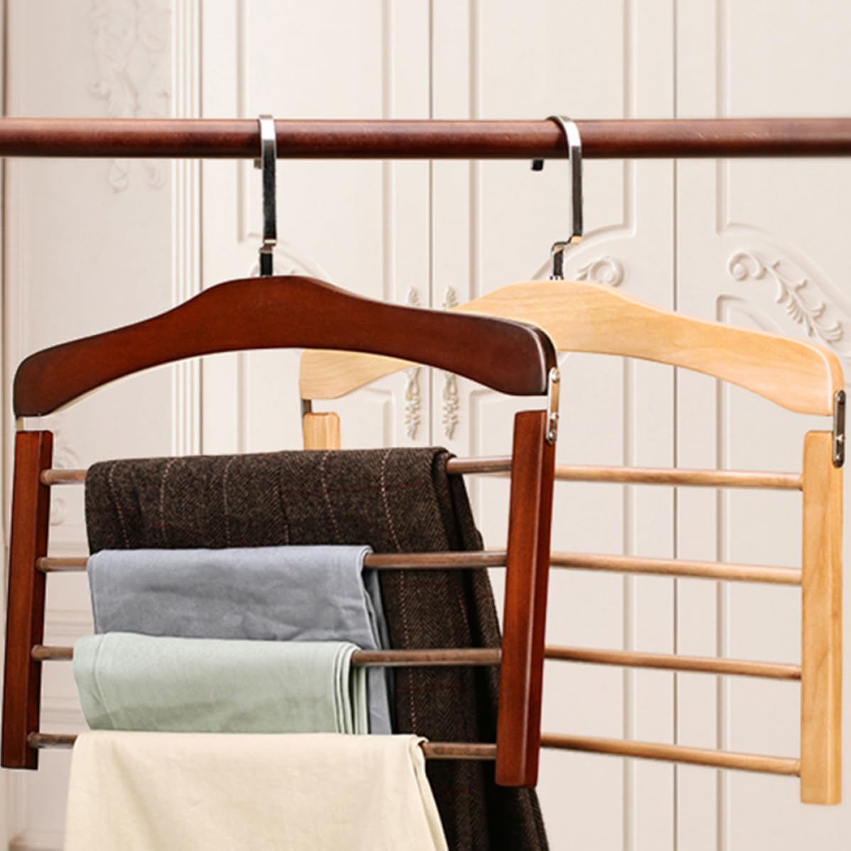 Organizador de Secado de Madera para Ropa y Pantalones, 4 Perchas Antideslizantes Ganchos Giratorios, para Colgar en Espacios Reducidos