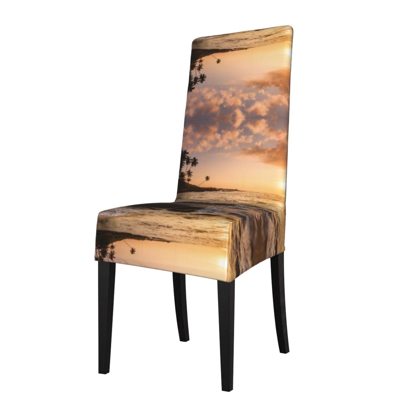 Hlsbssl Black Beach Sunset Printed Dining Chair Covers, Fully Enclosed, Removable And Washable, Suitable For Family Banquets And Celebrations