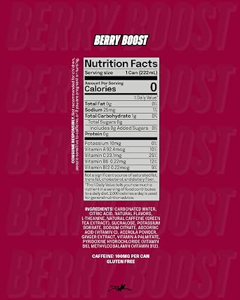 LICK Energy Drink - Berry Boost, No Sugar, No Crash, Green Tea Caffeine (100mg), with Ginger, Antioxidants and Vitamins A, B6, B12, and C, 7.5oz (6pk)