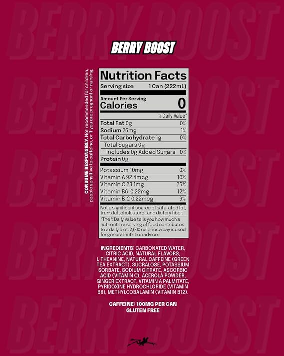 LICK Energy Drink - Berry Boost, No Sugar, No Crash, Green Tea Caffeine (100mg), with Ginger, Antioxidants and Vitamins A, B6, B12, and C, 7.5oz (6pk)