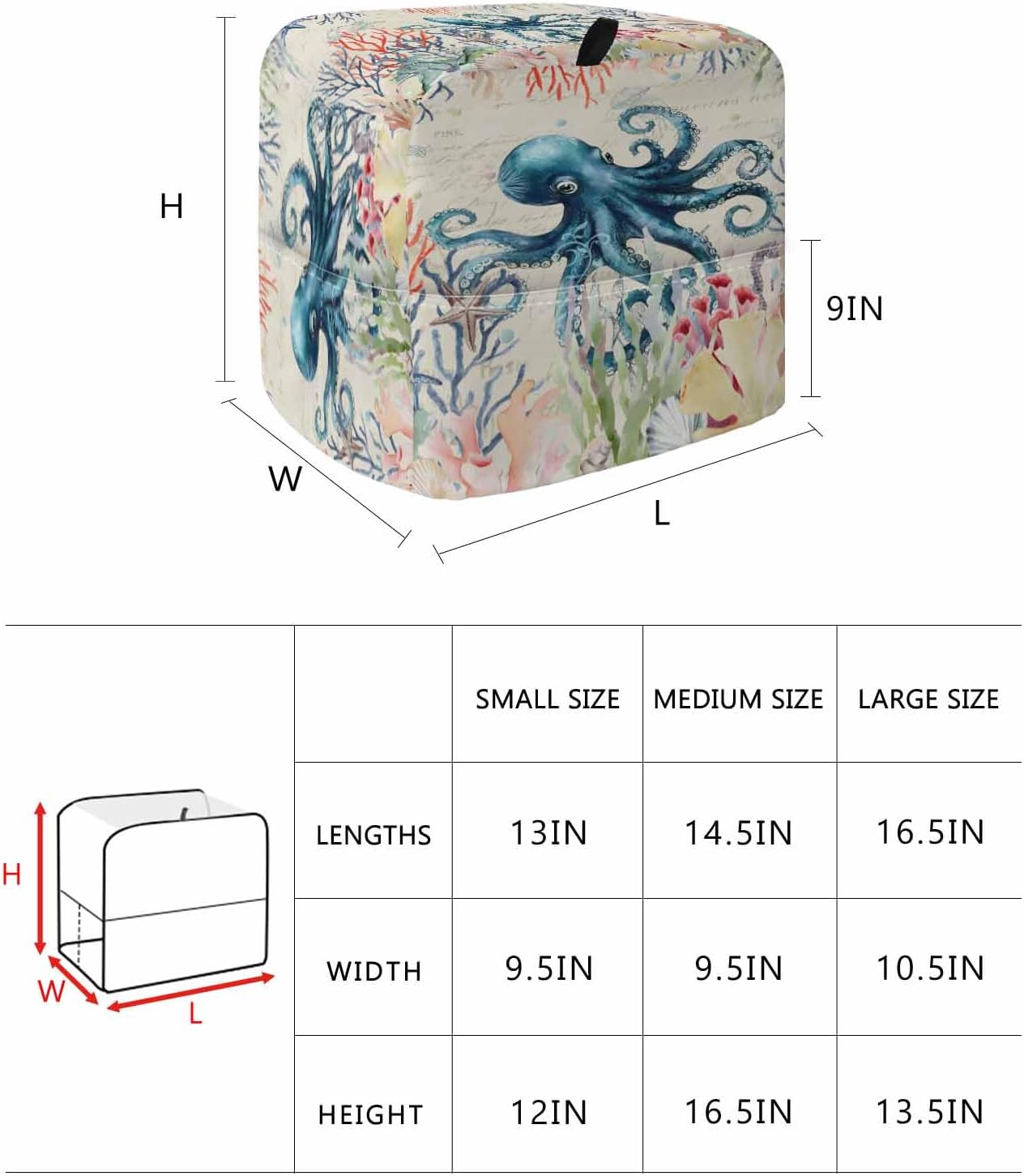Coastal Nautical Octopus Stand Mixer Cover with Storage Pocket, Waterproof Kitchen Mixer Covers, Oceans Corals Jellyfish Starfish Kitchen Appliance Dust Cover Compatible with 5-8 Quart Mixers
