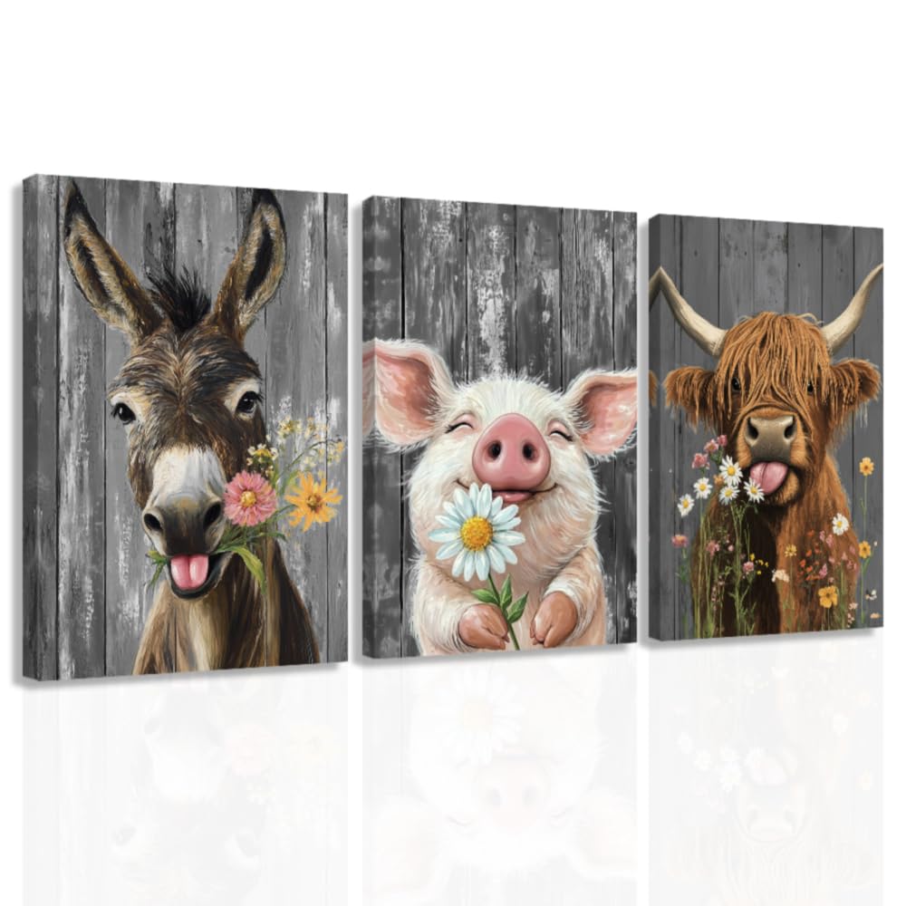 ZXHYWYM3 Piece Farm Animal Wall Art Funny Highland Cow Donkey Pig Painting Animal and Flower Pictures Farmhouse Canvas Prints Home Decor Framed (40x60cmx3)