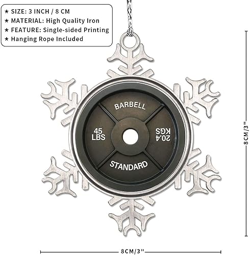 Vista 18 de Plato de pesas con barra para amantes del fitness, adornos de Navidad 2022, adornos de copo de nieve, decoraciones de Navidad para árbol, novedad