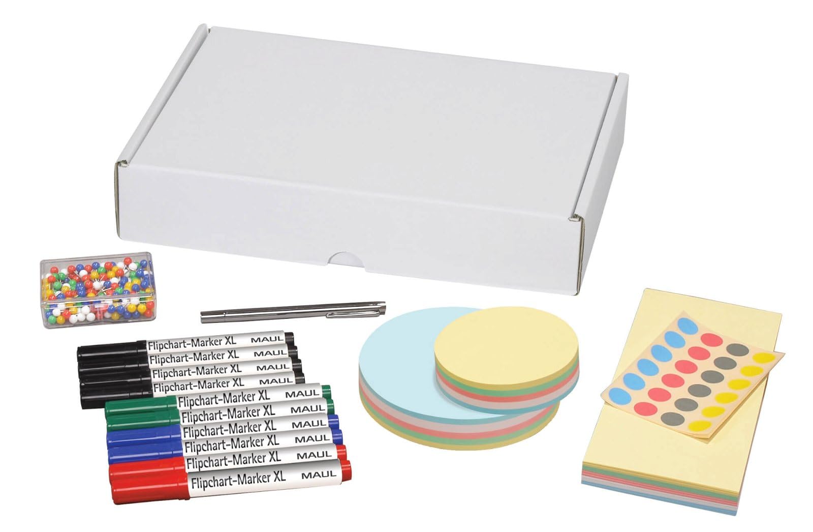 MAUL Moderationsset MAULselect schwarz blau grün rot weiß gelb Workshopset | schnell startklar für Meetings, 360 blanco Karten, farbige Rundspitz-Marker, Signal-Nadeln & Klebepunkte, kompakter Karton