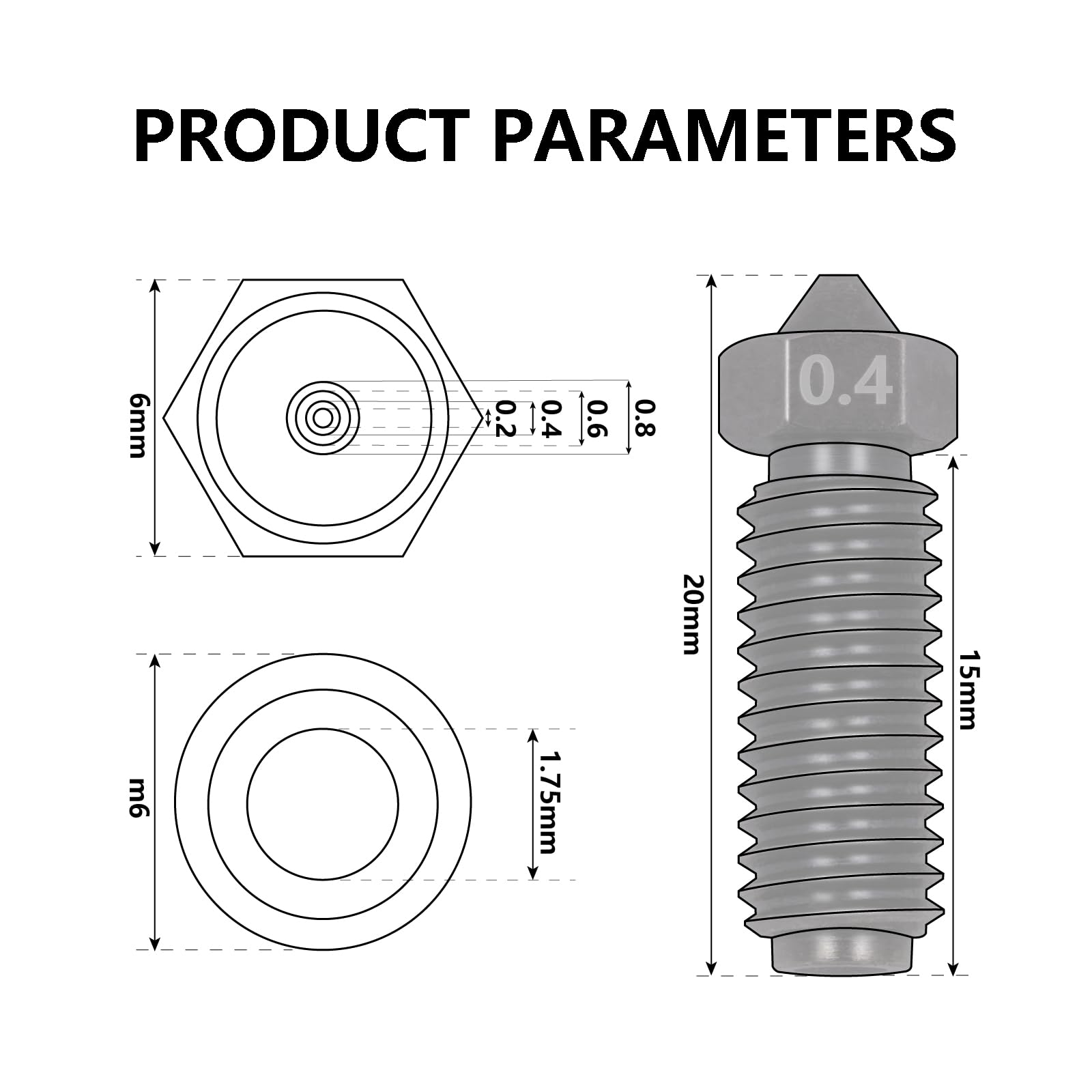 Hardened zestaw dysz do Anycubic Kobra 3, 4 szt. 0,4 mm, 2 szt. 0,2 mm, 0,6 mm, 0,8 mm, odporność na wysokie temperatury 1,75 mm, zestaw dysz ze stali hartowanej do Kobra 3, Kobra 3 Combo