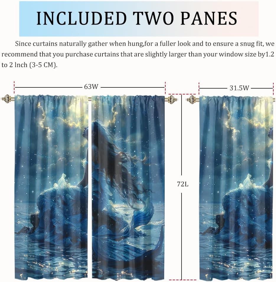 Denruny Watercolor Galaxy Full Moon Mermaid Curtains Bedroom Fantasy Aesthetic Anime Nautical Theme Mermaid Thermal Insulated Room Darkening Rod Pocket Curtains Living 2 Panels 72" L x 31.5" W