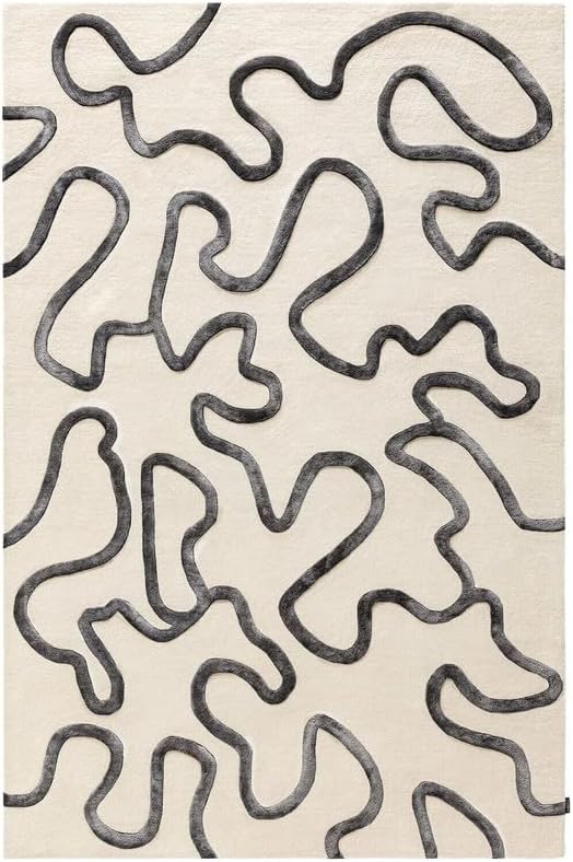 Modern Abstract Line Art Area Rug 9x12 ft | Hand Tufted Minimalist Grey & Ivory Contemporary Carpet