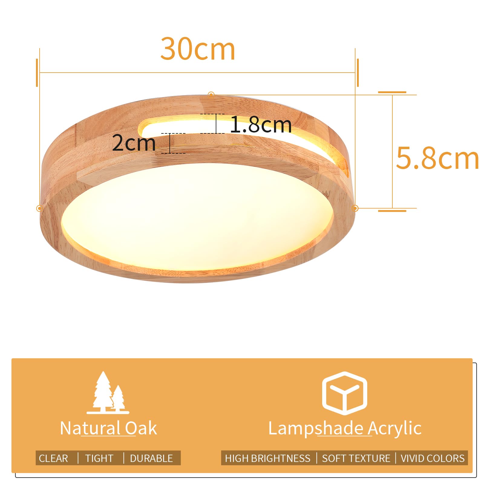 Lampa sufitowa LED, drewniana lampa sufitowa, lampa sufitowa do sypialni, 3000k 24w ø30 cm ciepłe światło, odpowiednia do sypialni, łazienek, salonów i korytarzy
