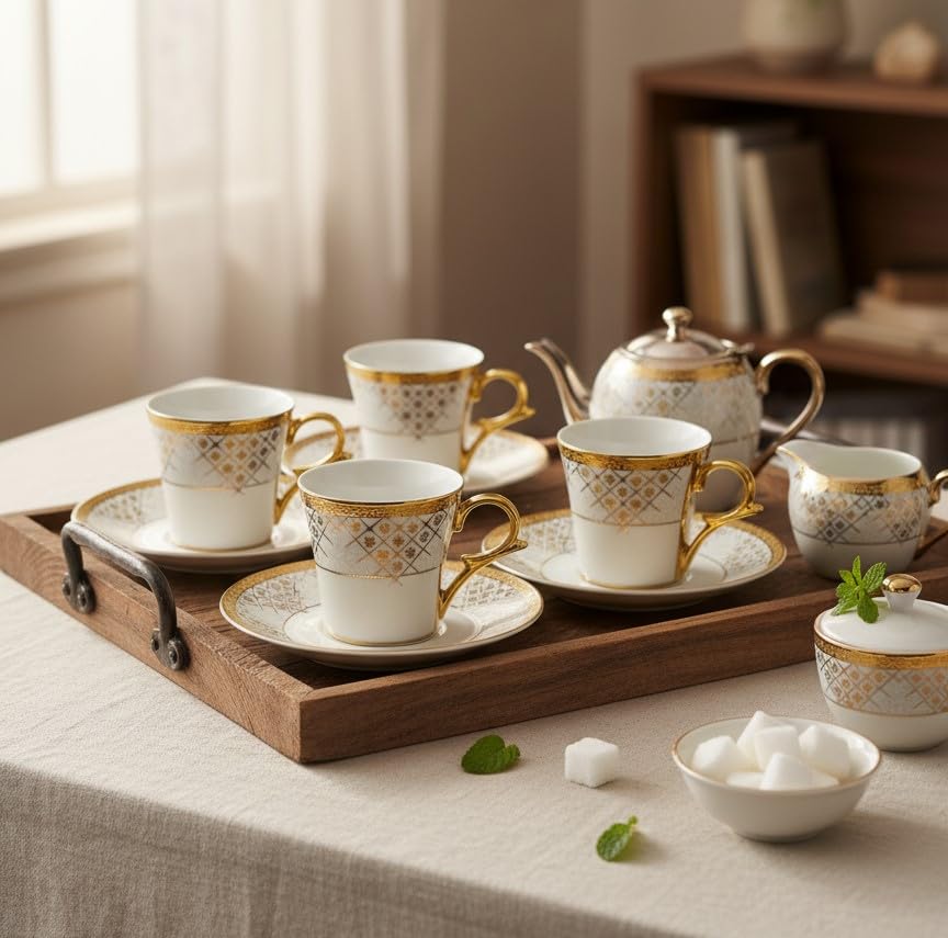 Femora Premium Golden Rajasthani Mandana Design Ceramic Coffee & Tea Cup Set of 4, 160 ML