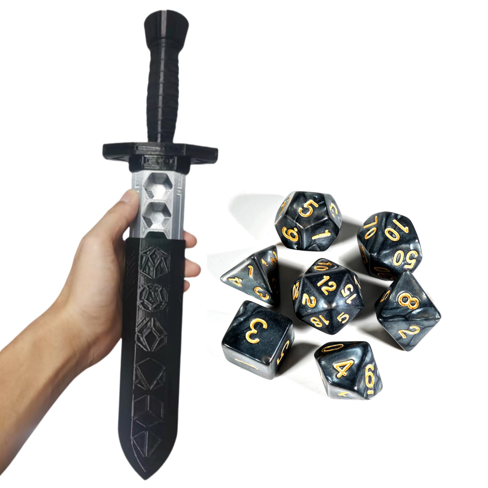 Dagger Dice Holder Box Dice Tower Dungeons and Dragons RPG Tabletop Roleplaying Game Jail D&D (Random 7PCS D20 Dice Set Included) Black, exact product listing photograph