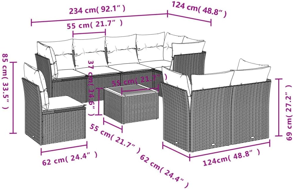9 Piece Patio Sofa Set with Cushions Gray Poly Rattan Garden Furniture Set Garden Seating Ensemble for Deck Backyard