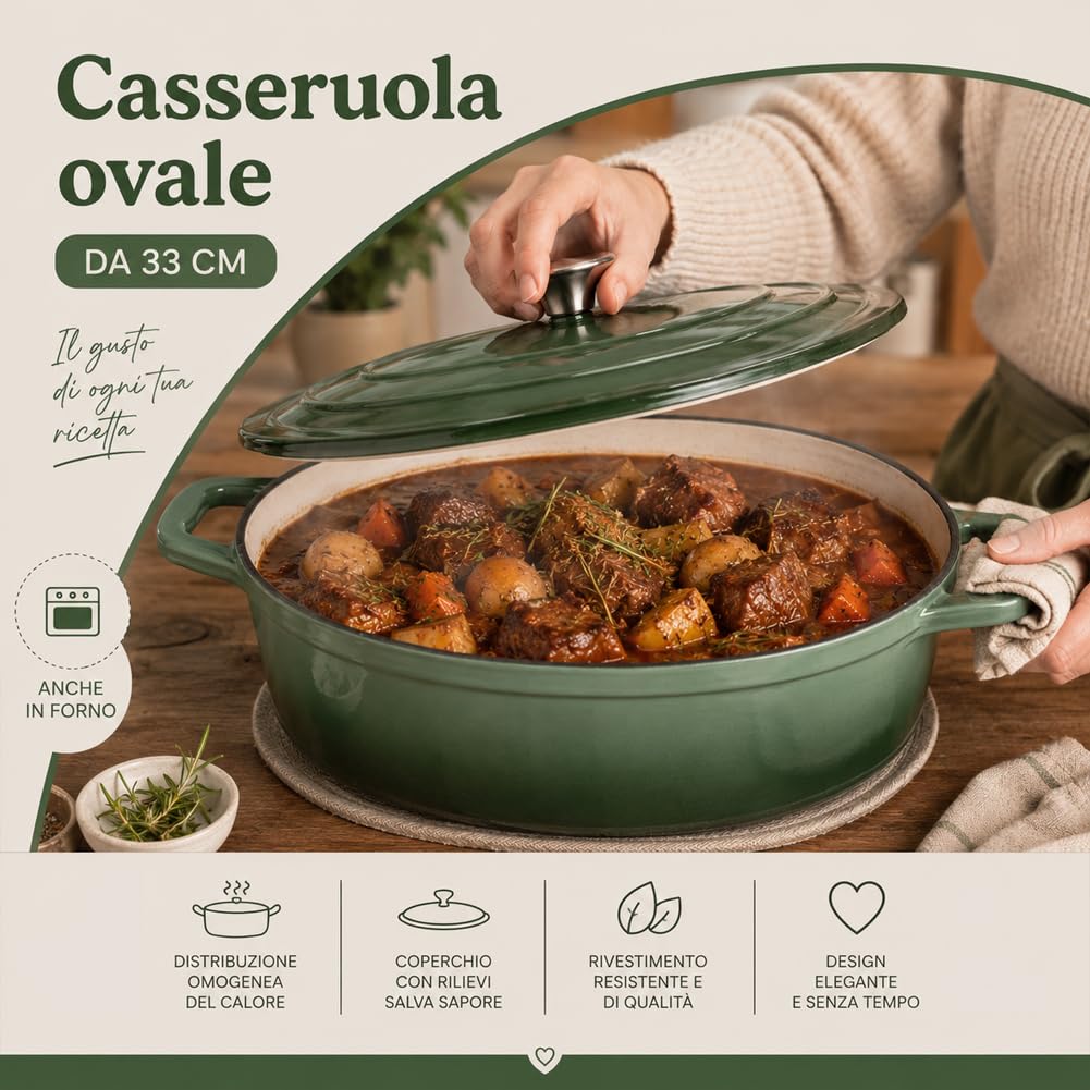 BAKAJI Casseruola Ovale in Ghisa Smaltata con Doppi Manici Ergonomici, Pentola Olandese Cocotte Ultra Resistente con Coperchio ad Alta Conservazione del Calore, per Stufati e Lunghe Cotture (Verde)
