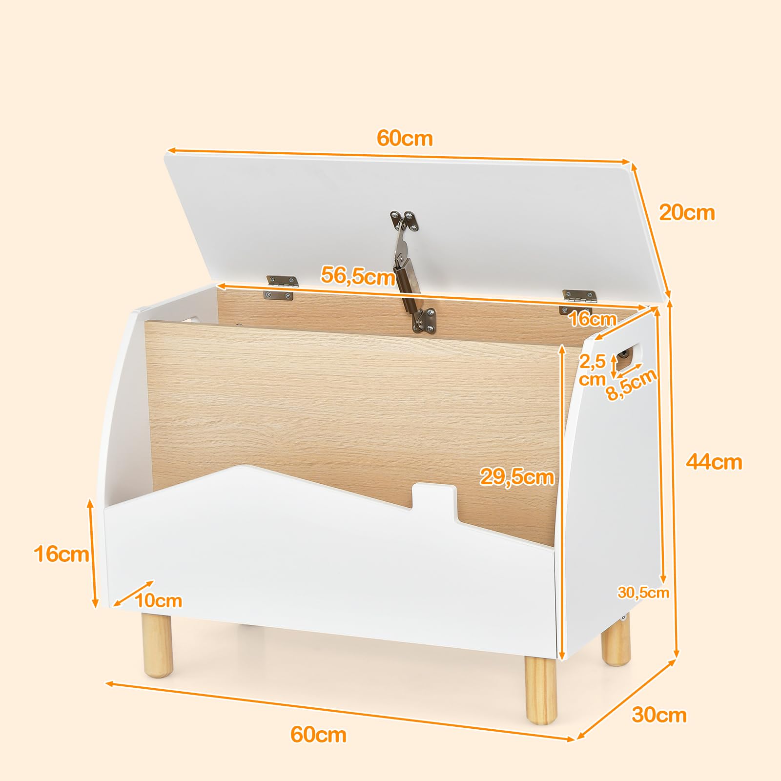 DREAMADE Kinderregal mit offener Ablage und Kiste, Spielzeug-Organizer mit Massivholzbeine, Spielzeugkiste mit Deckel für Bücher und Spielzeug, für Kinderzimmer & Kindergarten 60x30x44 cm (Weiß)