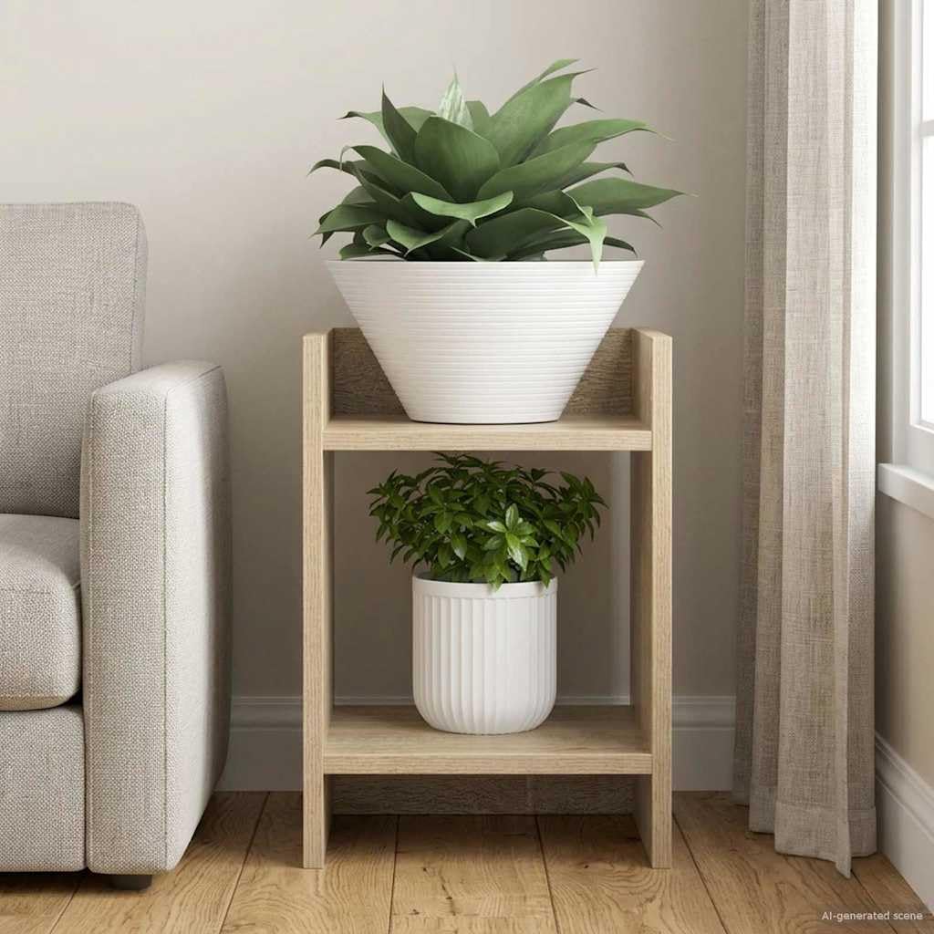 Supporto per piante in rovere Sonoma, 30 x 30 x 40 cm, in legno, moderno sgabello per fiori per interni, colonna quadrata salvaspazio con 2 ripiani, piccolo scaffale per fiori, effetto legno