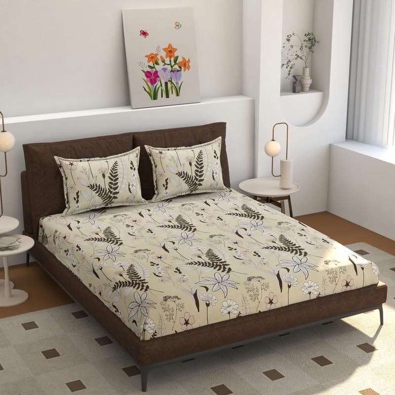 Image of Florida Cream Floral Polycotton Double Bed AC Comforter with 1 Bedsheet & 2 Pillow Covers | Lightweight Reversible 4 Pc Bedding Set