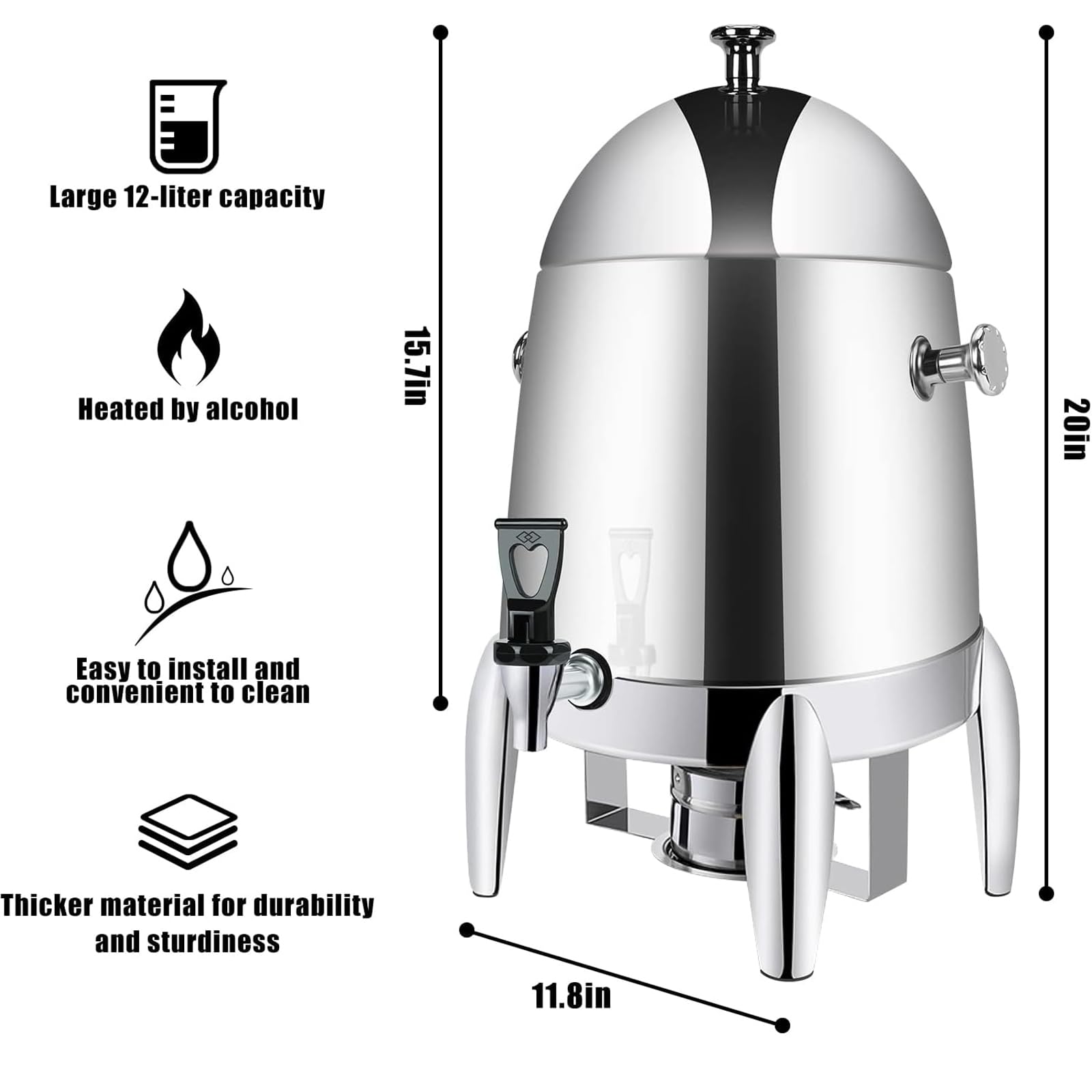 Urna de café con soporte para combustible, dispensadores de bebidas de acero inoxidable de 3,2 galones, lata de calentamiento continuo, té, agua, café, urna con espiga para fiestas, buffet, catering