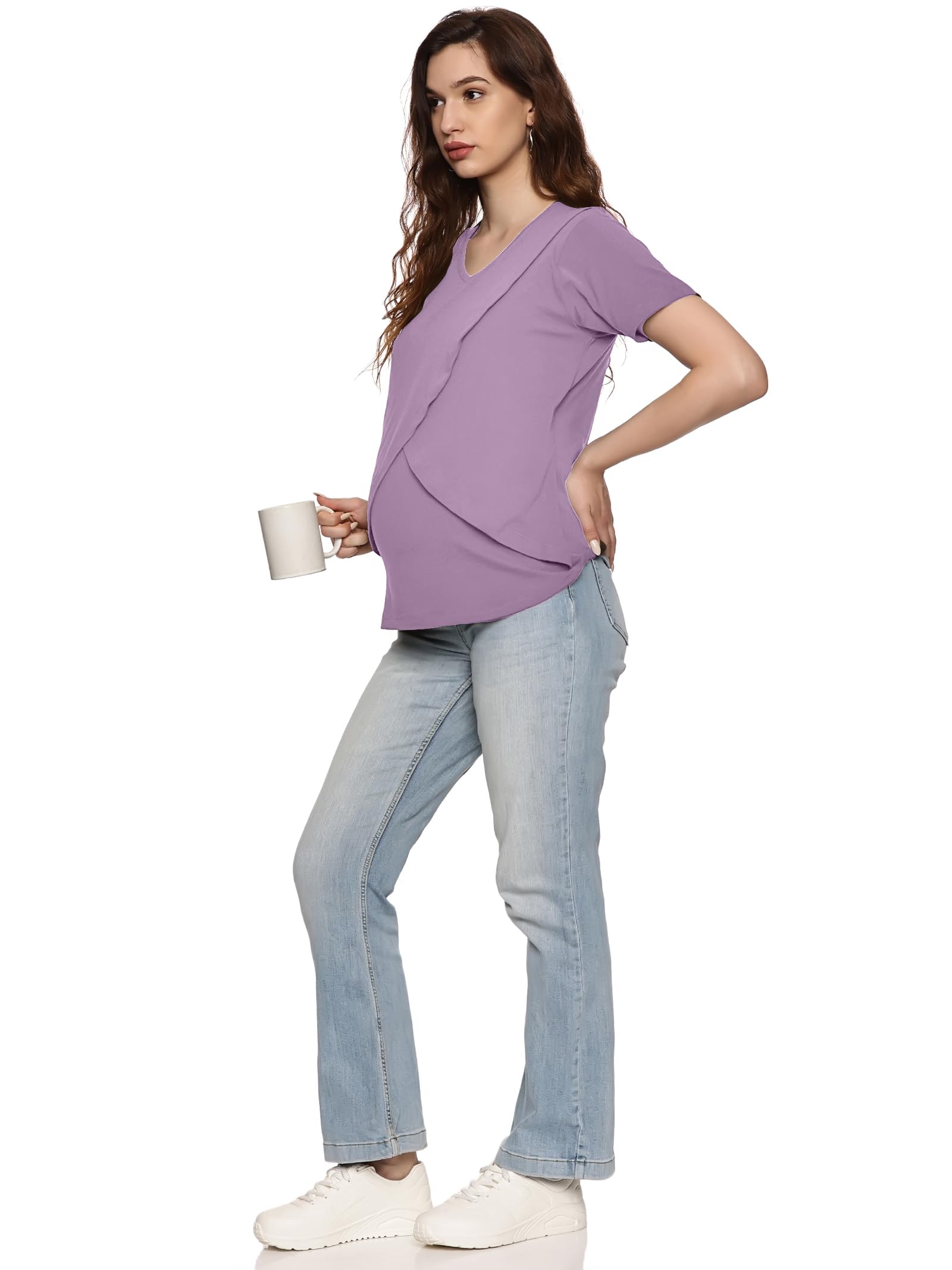 KIKWIT Maternity Feeding Tops Without Zip for Women, Feeding Coverup Pregnancy Tshirt,Feeding T-Shirt for Easy Nursing & Breastfeeding.(Pack of 2) (in, Alpha, M, Regular, Grey-Lavender) 2