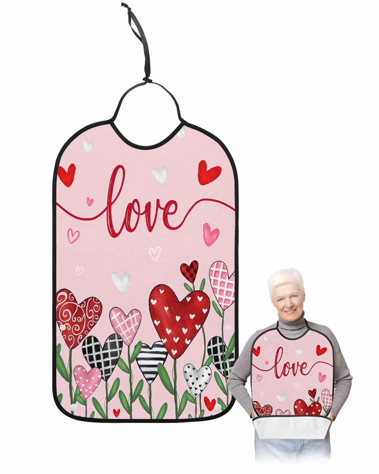 LEOKOTI Pink Valentines Adult Bibs for Eating, Waterproof Bibs with Food Catcher & Adjustable Snap Closure, Love Heart Botanical Watercolor Washable Clothing Protectors Adult Bibs for Elderly