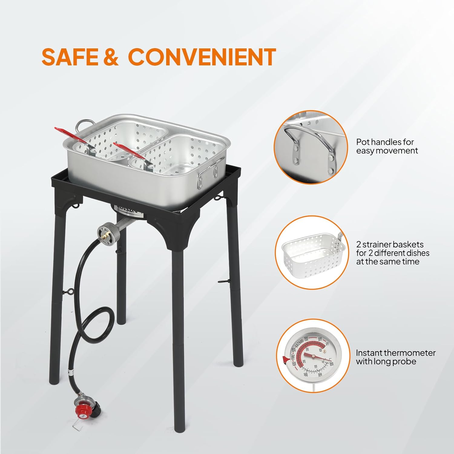 Image showing the ROVSUN fryer with close-ups of the pot handles, two strainer baskets, and the instant thermometer with a long probe, emphasizing safety and convenience.