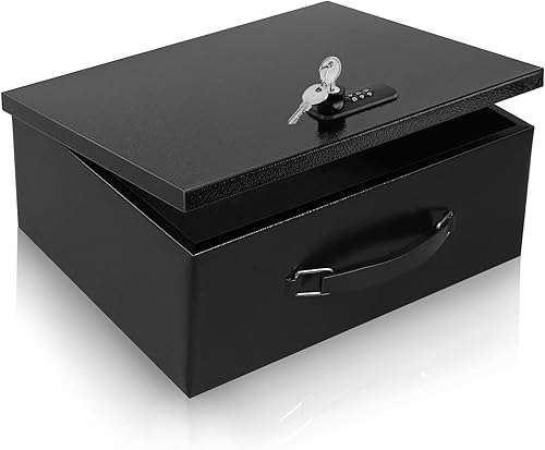 Dalmbox Caja de seguridad portátil de metal con doble combinación y cerradura de llave, almacenamiento resistente al fuego para documentos,