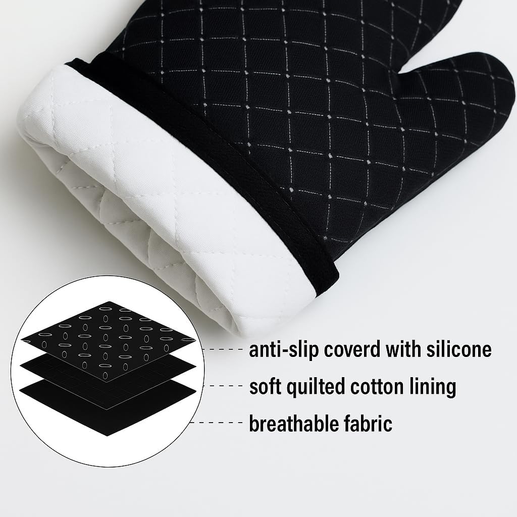 (2026) Oven Gloves Heat Resistant – Double-Sided Non-Slip Silicone Mitts for Grilling, Cooking, Baking & BBQ – 1 Pair (2 Gloves + 2 Pot Holders) – 18” Long for Maximum Protection – Black Christmas