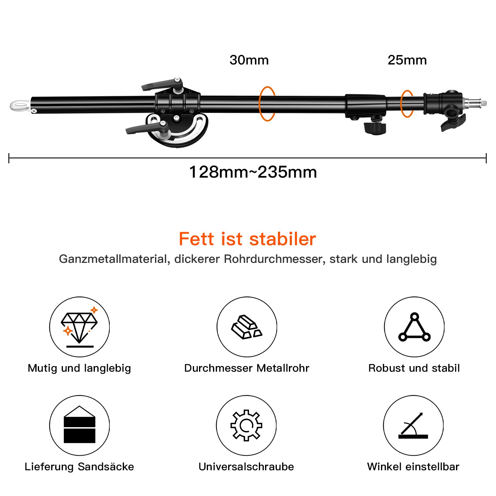 SOONPHO Ramię wysięgnika Pro na szubienicę przeciwwaga 128-235 cm z torbą obciążającą i 1/4" 3/8". Czarny statyw na szubienicę, uchwyt przedłużający, ramię ze stali nierdzewnej, do statywów