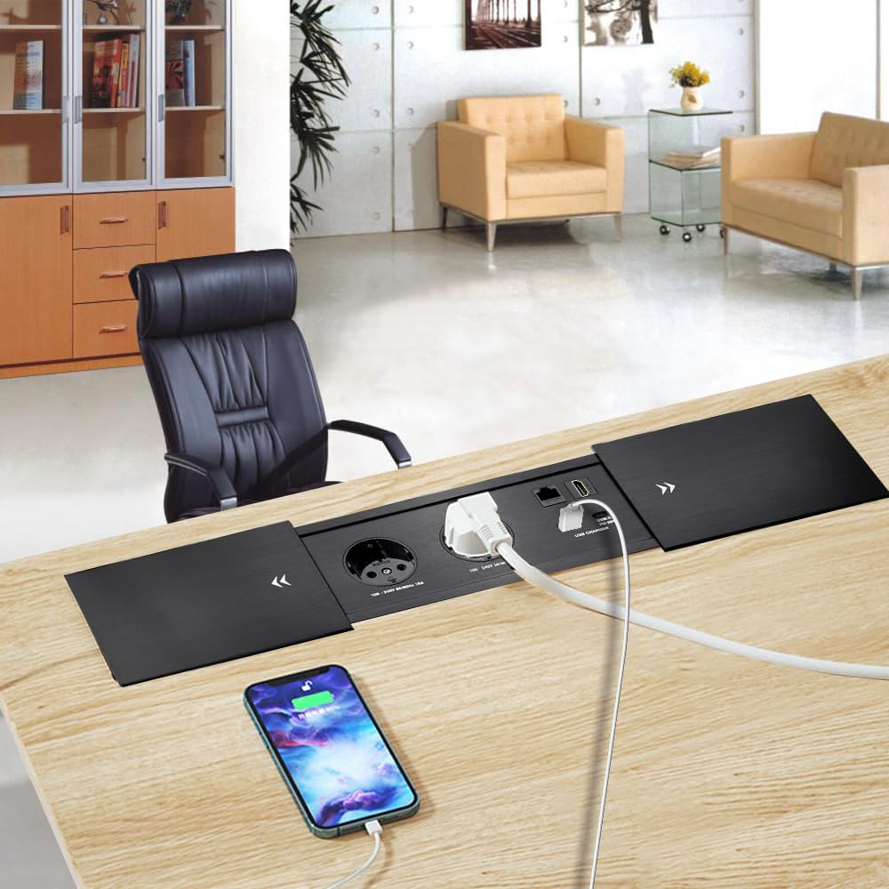 Versenkbare Steckdose mit USB c 65W Konnektivität Box Konferenztisch Power Box mit 2 Steckdosen+ 1 USB-A+C 65W Ladegerät+1 CAT6+ 1 HDMI/USB-C Daten(Schwarz) (Sliding)