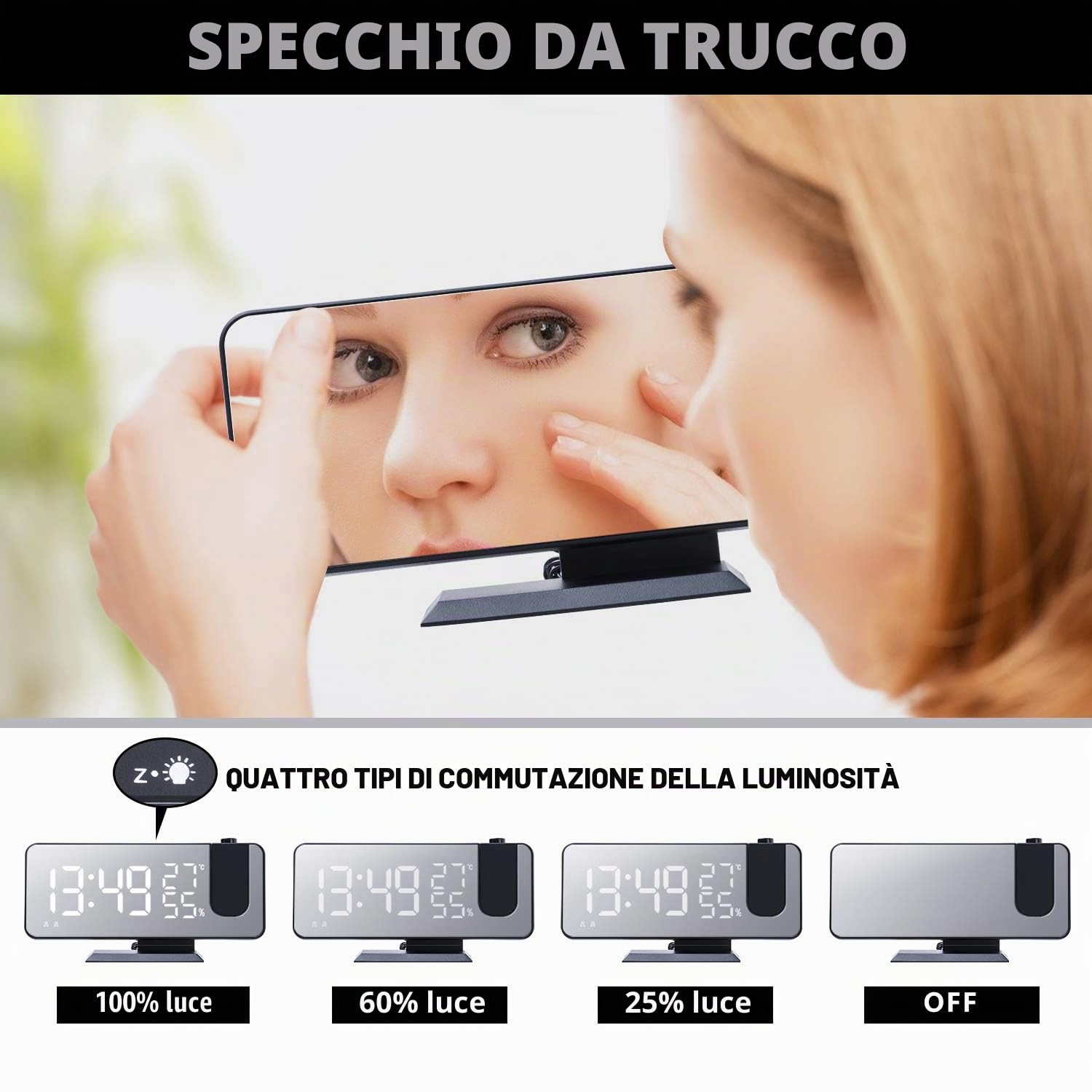 ThreeH Sveglia a Proiezione per Camera da Letto Ampio Display a Specchio LED 7,4'' con Ricarica USB Ruotabile 180° Nero-Bianco