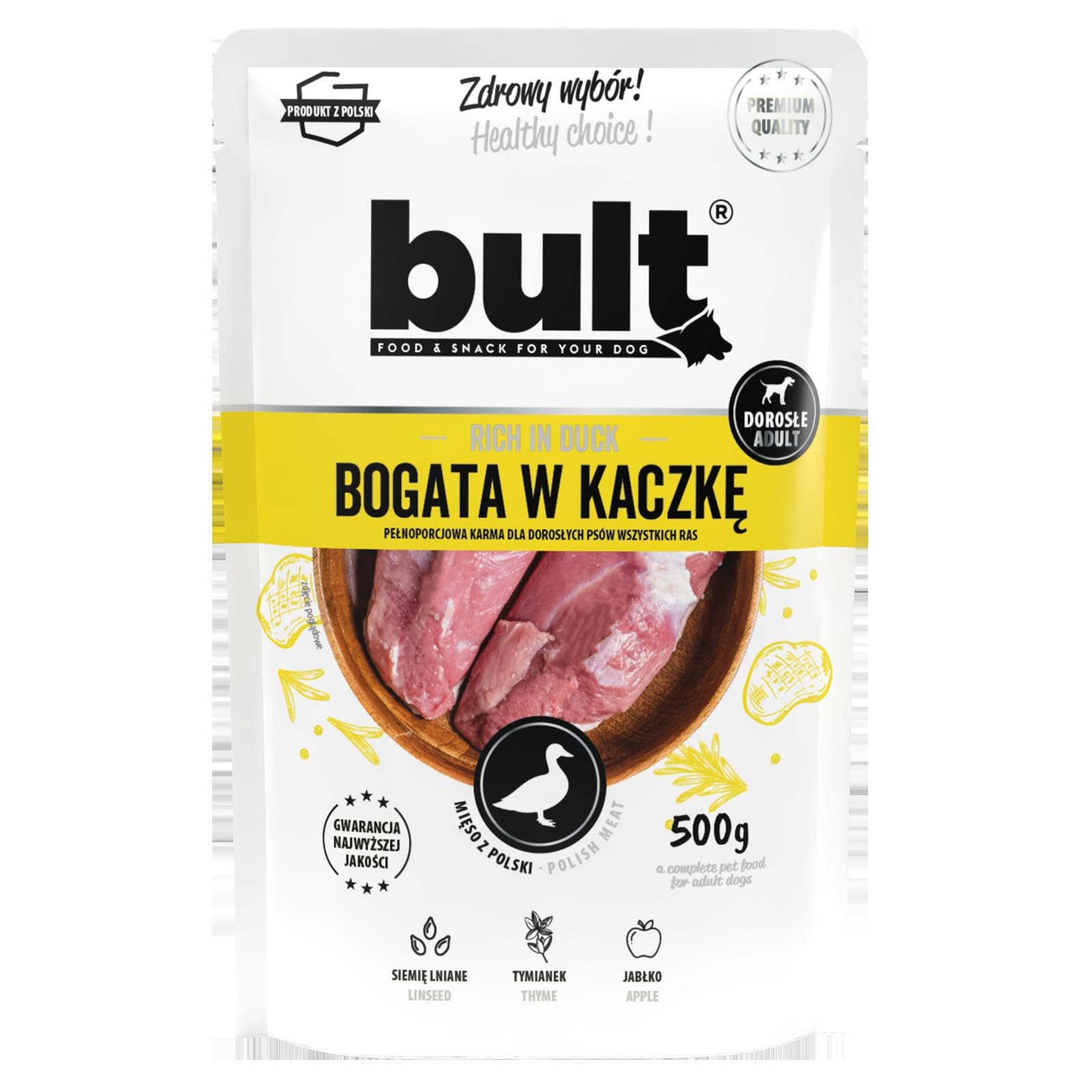 BULT Mokra Karma dla Psa Mix Smaków Dorsz Dziczyzna Indyk Jagnięcina Kaczka Wołowina 500 g dla Dorosłych Mielonka z Olejem z Łososia i Tymiankiem 30 Saszetek