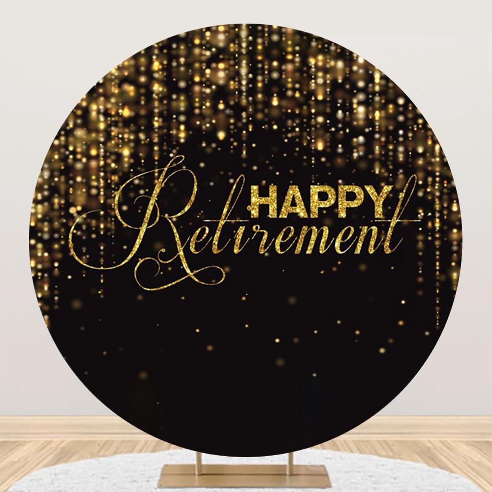 DORCEV Happy Retirement Round Backdrop Cover 6.5x6.5ft Luxury Black and Gold Party Circle Backdrop Cover Bokeh Gold Glitter Celebrate Retirement Party