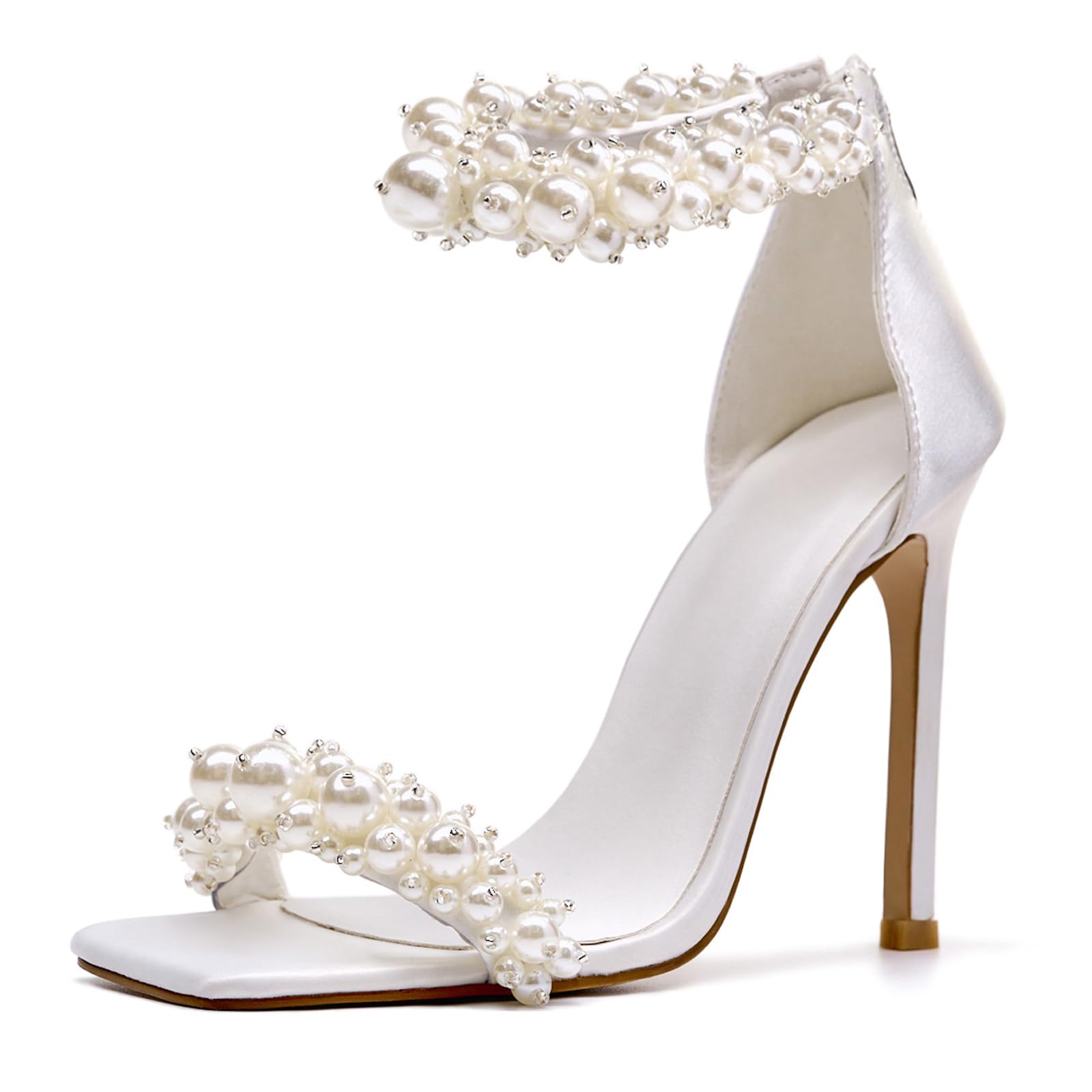 driceic Women's Pearl Stiletto Heels Sandals Sexy Open Square Toe sparkly Ankle Back Zipper bridal Satin Wedding Party Dressy heels Shoes