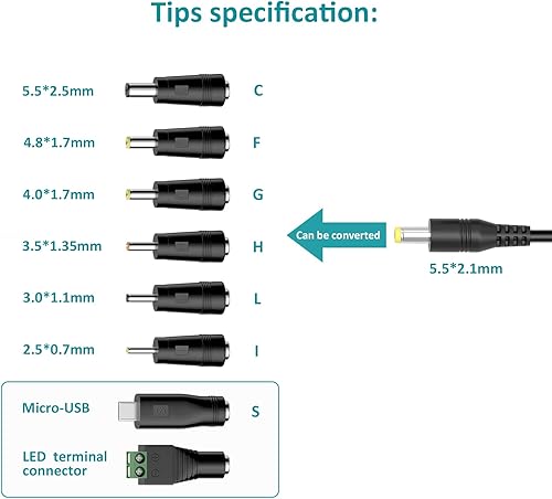 Miniatura 4 de Basicvolt Adaptador de CA universal de 6 V, 9 V, 12 V, 15 V, 18 V, 20 V, 24 V, 1,5 A, 41 W, con 8 puntas redondas y puerto USB, conmutación de