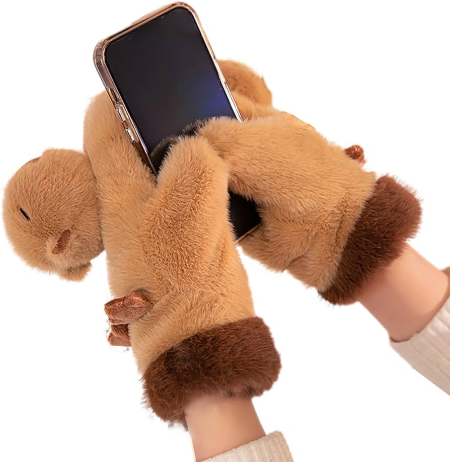 Capybara Pluche handschoenen, wollige cartoon-dieren, thermische wanten, verdikkende zachte winterwarme wanten, schattige dierenwanten, bruin, 1