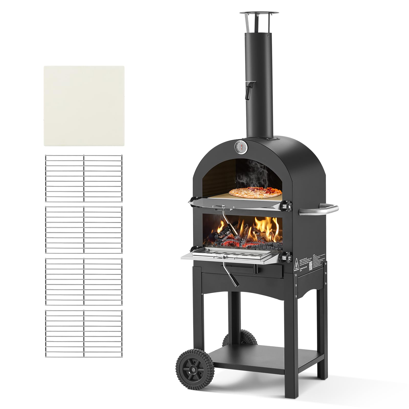 VEVOR 12-inch outdoor pizza oven with dual-layer design, wheels, and thermometer