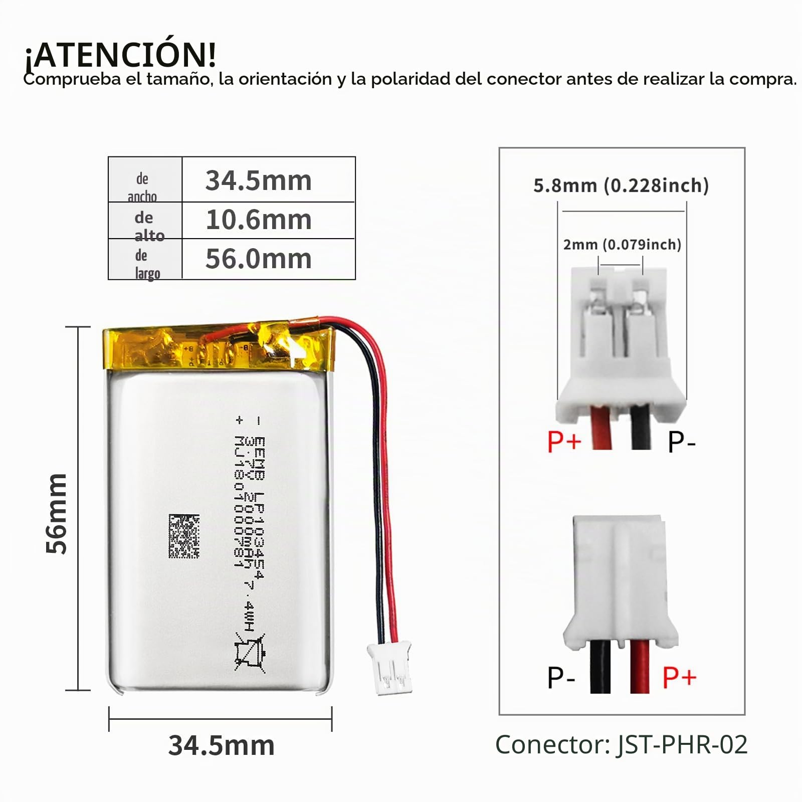 10X EEMB 3.7V 2000mAh 103454 Lipo Batería Recargable de polímero Ion Batería con Conector JST-Asegúrese de Que la polaridad del Dispositivo coincida con la batería Antes de la Compra!
