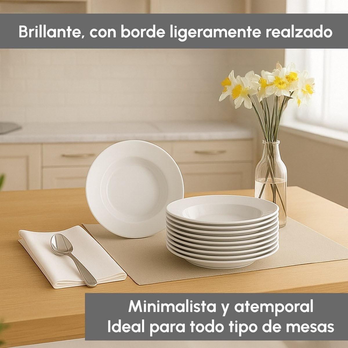 LOLAhome Juego de 12 platos hondos redondos blancos de porcelana de 21 cm. Configura tu vajilla completa moderna para 12 personas a tu gusto