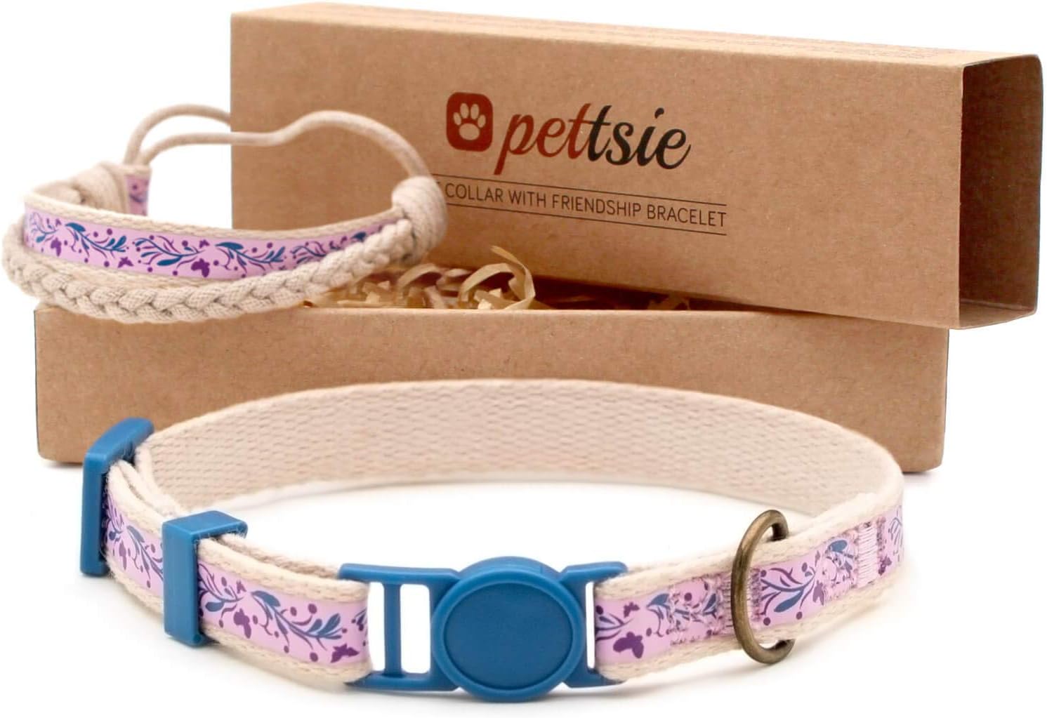 Pettsie Breakaway Cat Collar & Matching Friendship Bracelet – Adjustable, Soft Cotton Collar for Cats, Quick-Release Safety Buckle, Lightweight, Stylish, Anti-Lost ID Tag, Purple