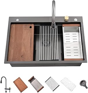 33 Inch Drop In Waterfall Kitchen Sink-SOMRXO 33"×22" Drop In Waterfall Sink Workstation 16 Gauge Matte Black Stainless Steel Kitchen Sink 10 Inch Deep Sinlge Bowl Kitchen Sink With Waterfall Faucet