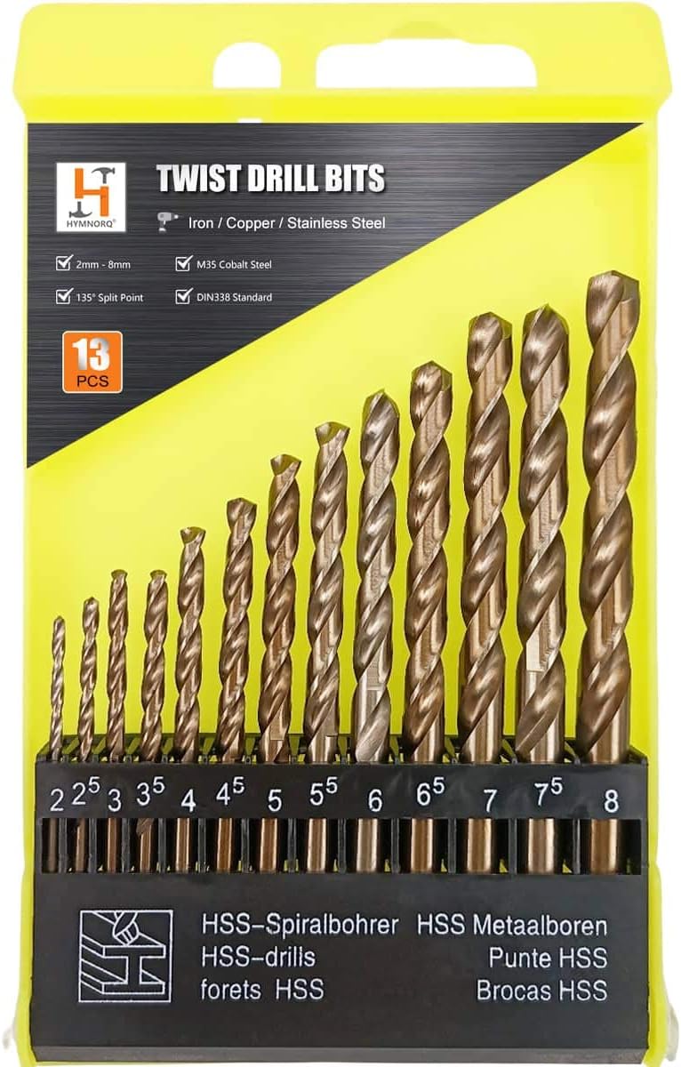 Hymnorq 13-Piece M35 Cobalt Drill Bit Set, Metric 2mm-8mm, HSS Jobber Twist Drill Bits for Hard Metal, Stainless Steel, Cast Iron, Wood, 135° Split Point, Fully Ground with DIN 338 Standard