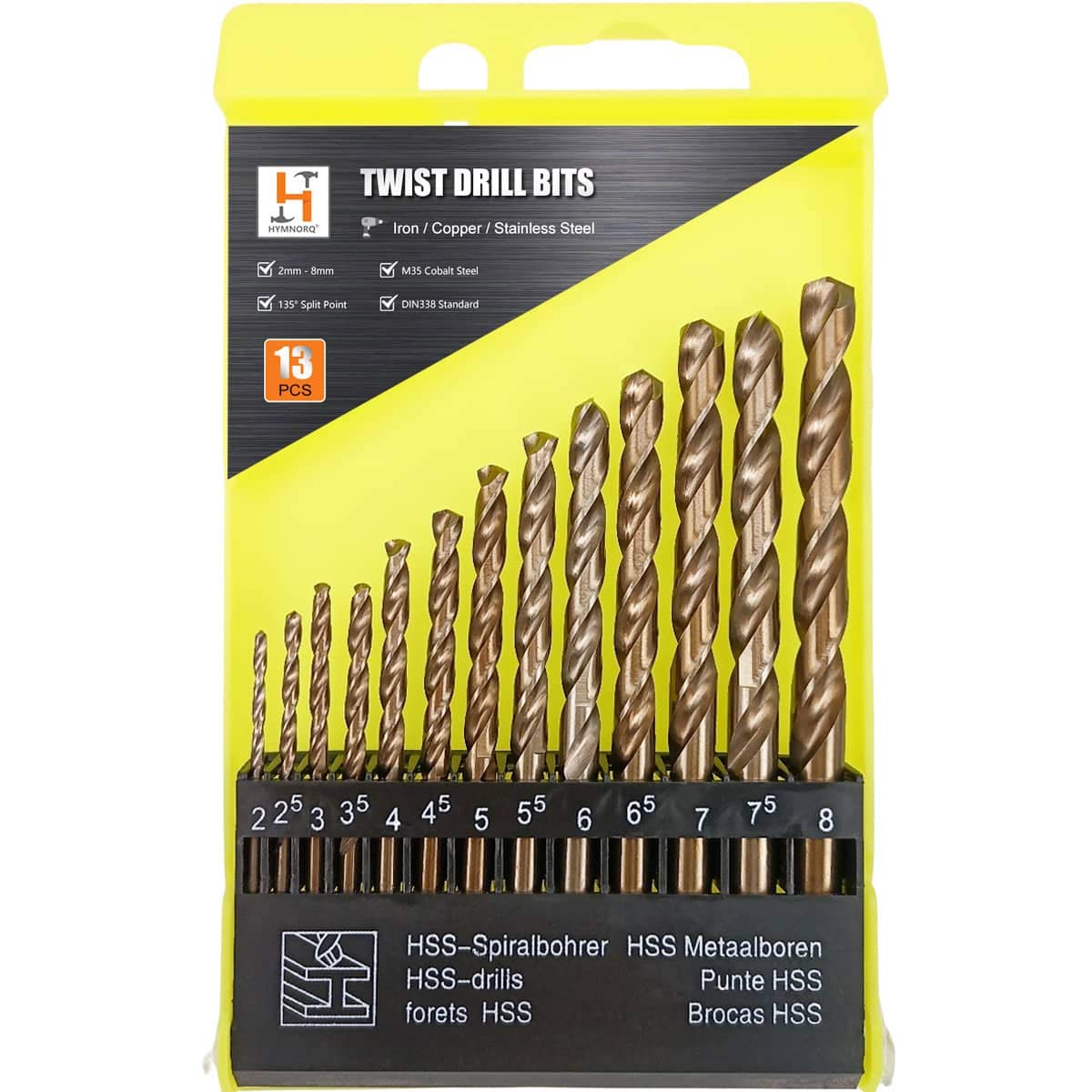 Hymnorq 13-Piece M35 Cobalt Steel Drill Bit Set (2mm-8mm) with Plastic Index Case, Dual Twist Flute, 135° Split Point, and Bronze Finish – Professional-Grade for Hard Metals