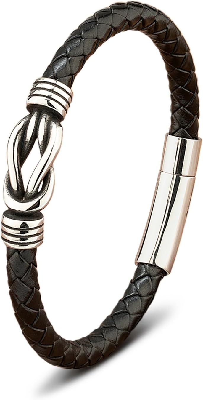 Udefw Infinity Bracelet for Men & Women,，Men's Braided Leather Bracelet - Vintage Silver Twist Knot Design, Stainless Steel Clasp Wristband for Daily Wear & Gifting