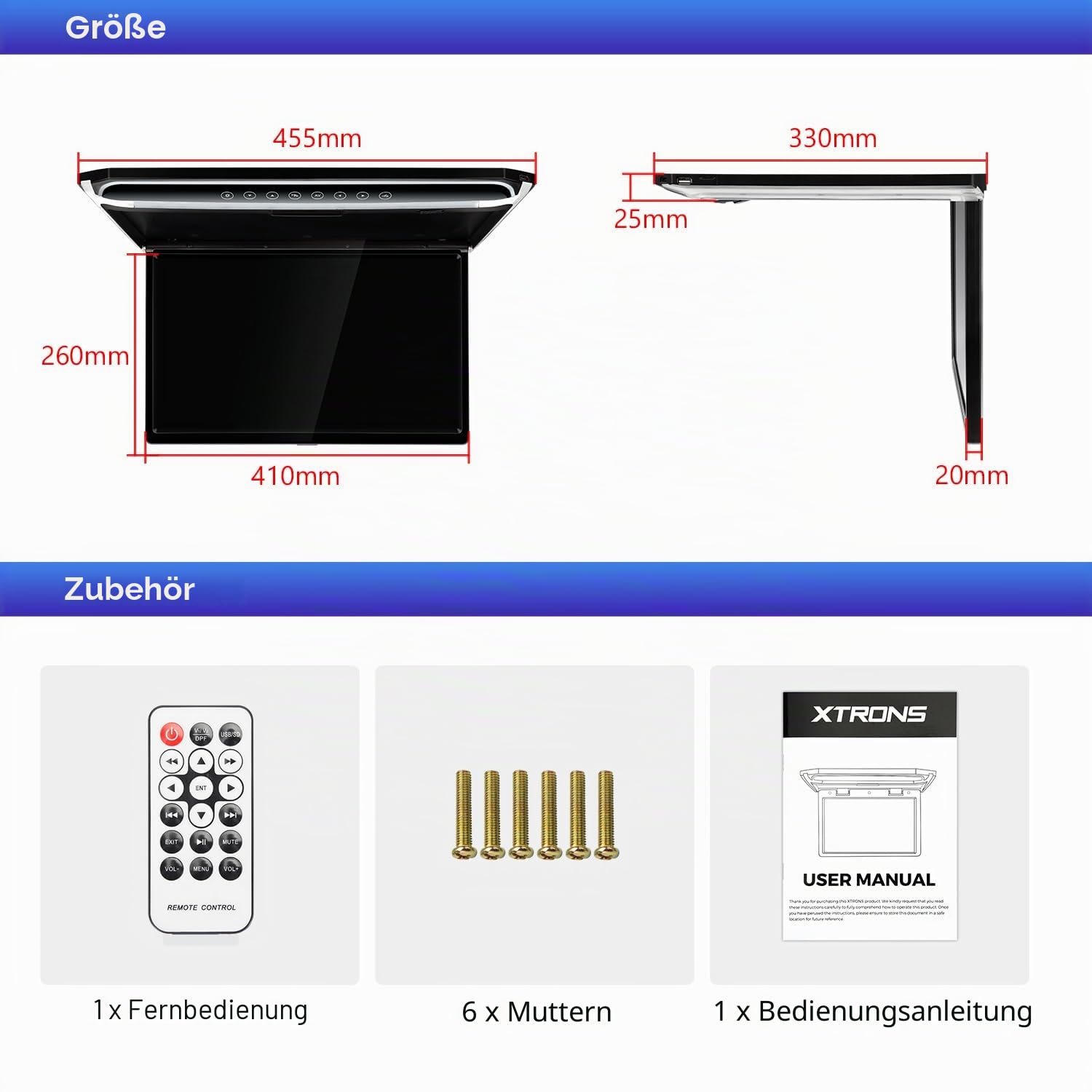 Neu XTRONS 17,3 Zoll 16:9 ultradünne Digital TFT FHD 1080P Video Auto Deckenplayer Dachmontage mit integriertem HDMI/SD/USB/Infrared/FM